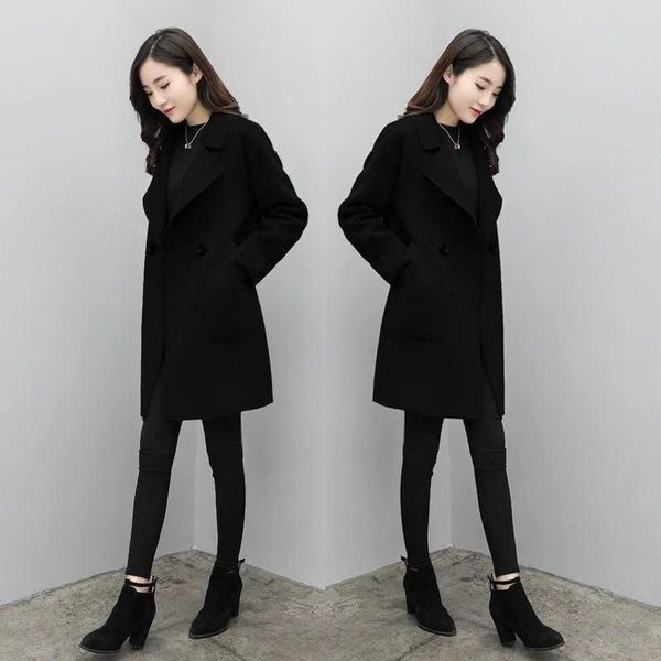 

small woolen coat women mid-length korean style 2021 new cotton fall/winter temperament double-breasted loose slimming thickened, Black