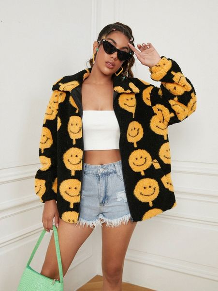 

cartoon pattern drop shoulder zipper teddy jacket a9kc#, Black;brown