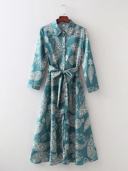 

casual dresses autumn fashion women paisley flowers print shirt dress long sleeve office ladies midi with slash, Black;gray