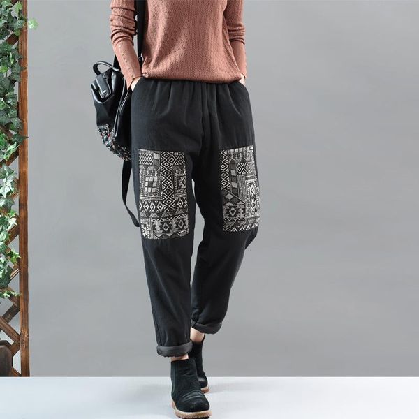 

women's pants & capris 2021 winter simple black retro patch cotton and linen elastic high waist thickened warm casual women trousers, Black;white