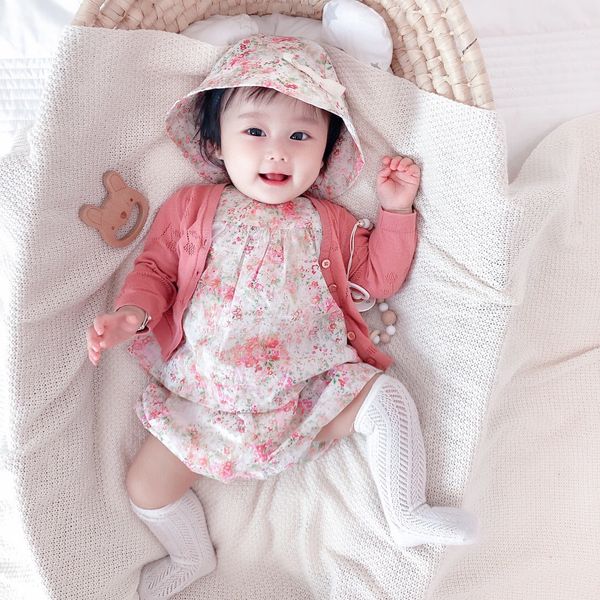 

cute baby girls set clothes 2021 fashion cute cherry prints toddler kids dress+ short+ hat+cardigan 4pcs/suit, White