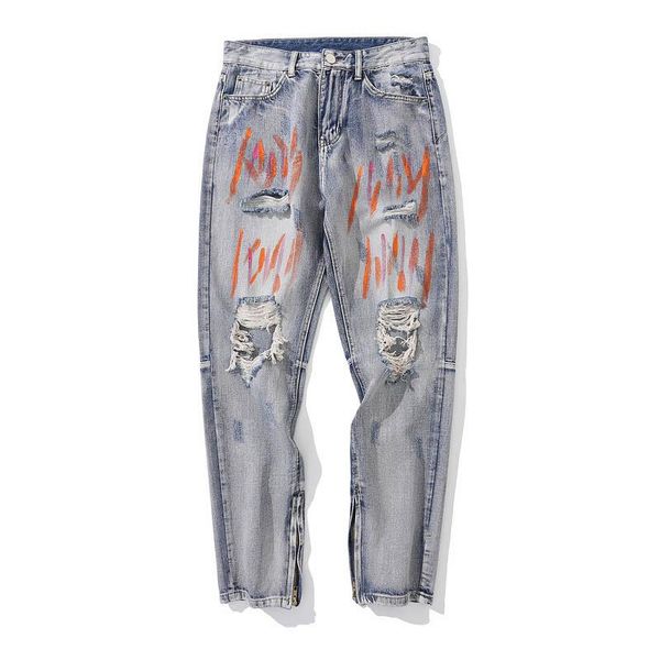 

men's jeans kiovno fashion high street ripped jean pants slim painted denim trousers for male streetwear, Blue
