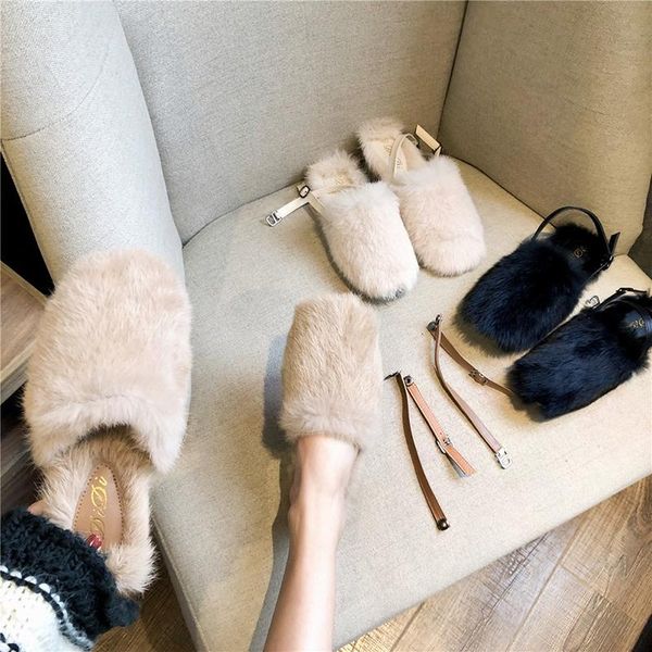 

slippers real fur closed toe winter flats web celebrities soft 3 ways wear buckle flipflops girls mules slides, Black