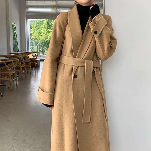 

winter women solid sashes double breasted woolen coats female thick warm outerwears office lady korean streetwear coats style, Tan;black