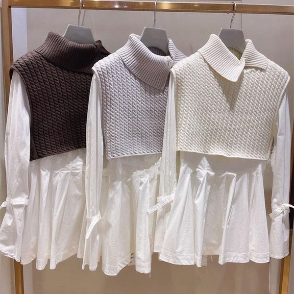 

women's blouses & shirts 2pcs solid white women long sleeve sweet fall + high collar knittes pullovers sleeveless sweater sets