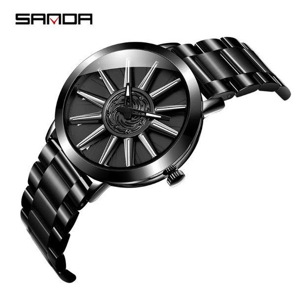 

wristwatches sanda sell fashion cool men watch creative wheel shape rotating dial steel band quartz movement gift relogio masculino 1032, Slivery;brown