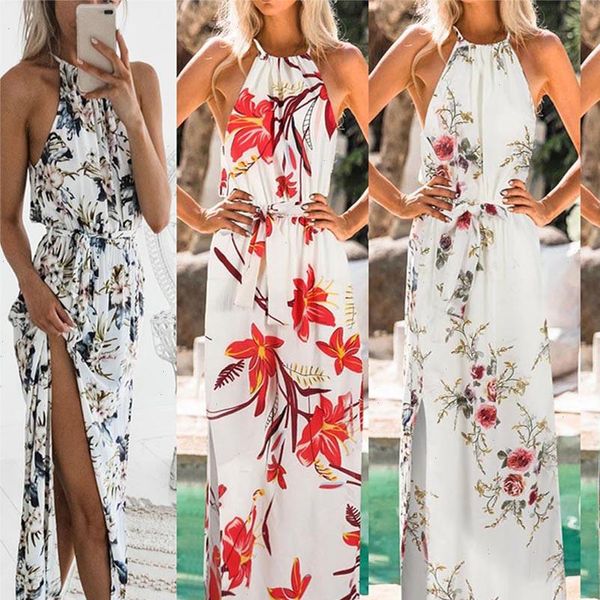 

vestidos de verano 2021 fashion women print boho floral long maxi dress sleeveless evening party summer beach robe w619, Black;gray