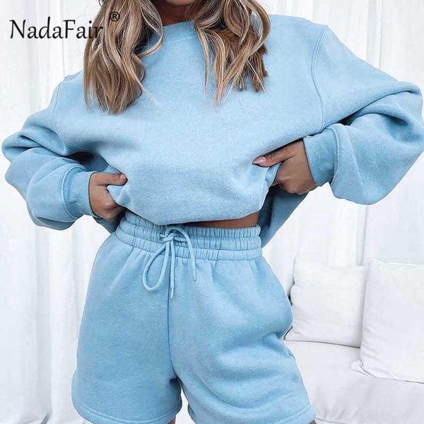 

women's tracksuits nadafair casual shorts sets 2021 solid long sleeve and biker two piece set outfits autumn loung wear women tracksui, Gray