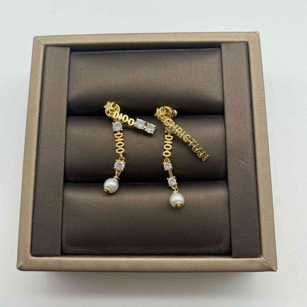 

design jewelry home new letter pearl diamond long earrings small fragrance temperament 925 silver needle earrings female, Golden