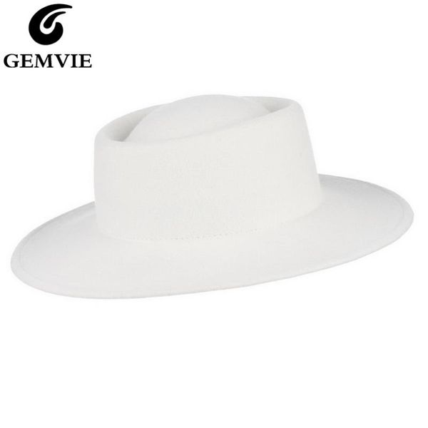 

stingy brim hats gemvie wide flat 100% wool felt fedora white hat for women/men autumn winter jazz cap, Blue;gray