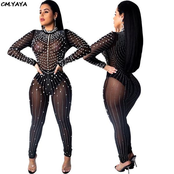

women's jumpsuits & rompers women see-through black gauze one-piece pearls beading diamonds jumpsuit mesh party club rhinestone glcy801, Black;white