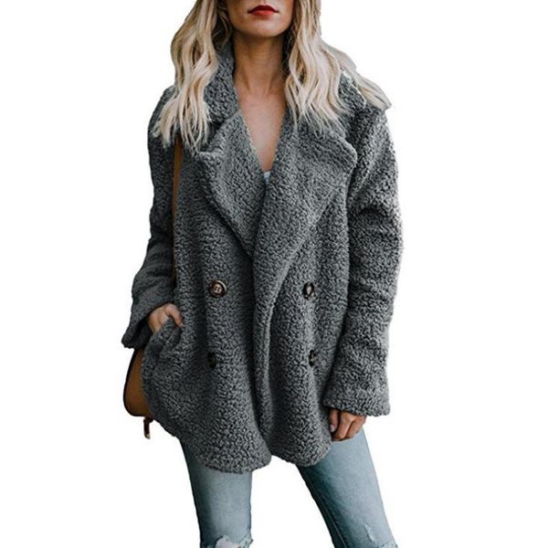 

women's jackets loose and fashionable fall/winter lapel double-breasted casual lamb woolen sweater horn buckle pockets crop puffer jack, Black;brown