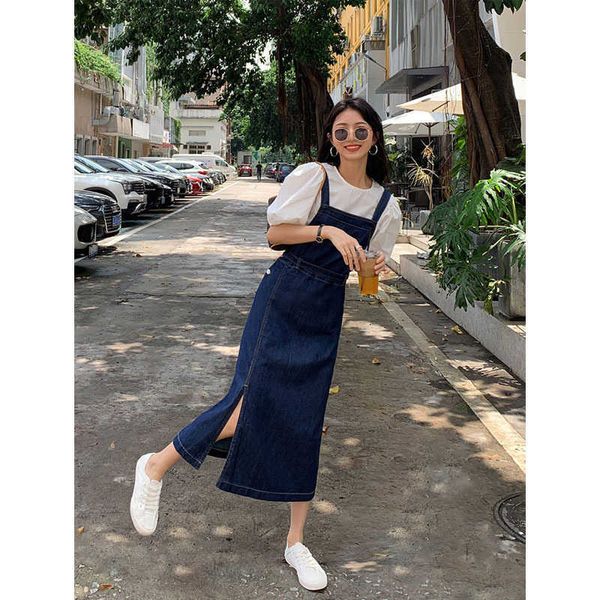 

denim suspender skirt women's summer mid long reduced age korean loose and thin drs 2021 fashion, Black;gray