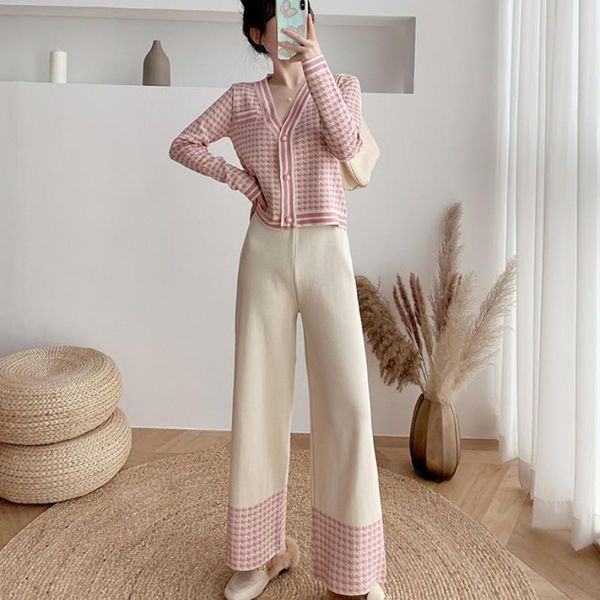

women's two piece pants knitted women 2 pieces sets 2021 spring autumn casual plaid v-neck cardigan sweater + wide leg pant outfits, White