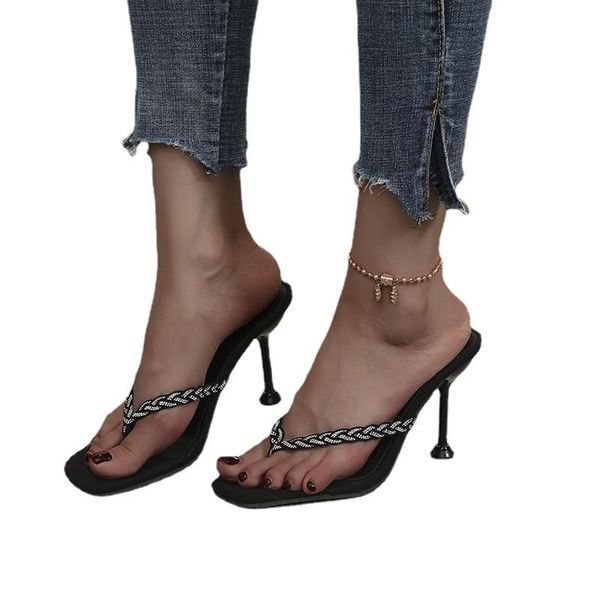 

sandals women's shoes slippers 2021 black square head rhinestone accessoies high-heeled party woman red color