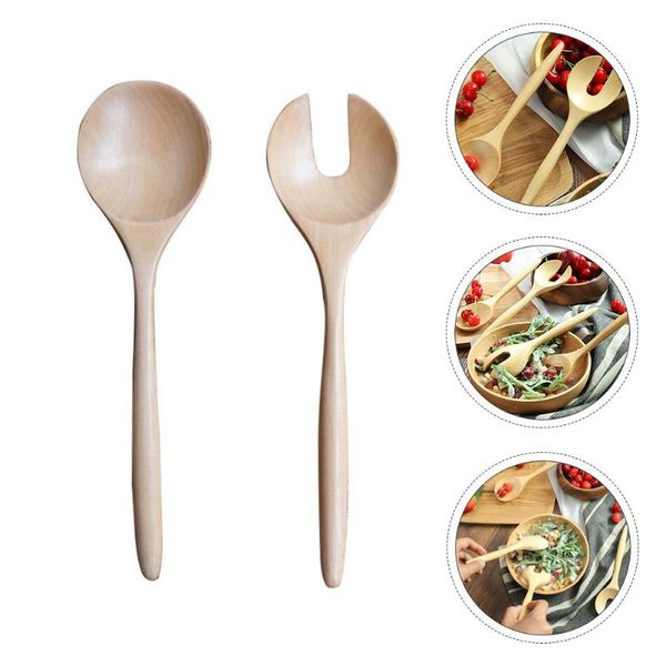 

spoons 1 set 2pcs salad spoon round wood and fork servers color