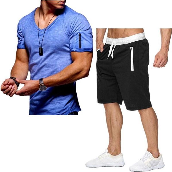 

men's tracksuits 2021 summer casual t-shirt suit plus size v-neck fashion sportswear short sleeve+shorts, Gray
