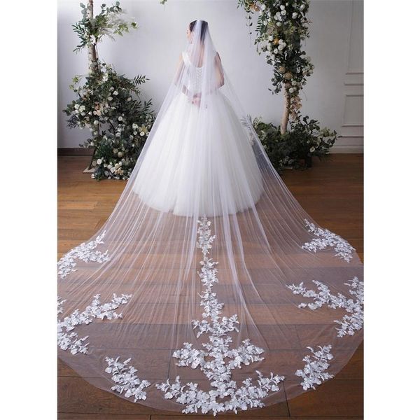 

bridal veils one layer long ivory lace appliques white tulle wedding with comb cathedral for brides 3 4 5 metres floral, Black