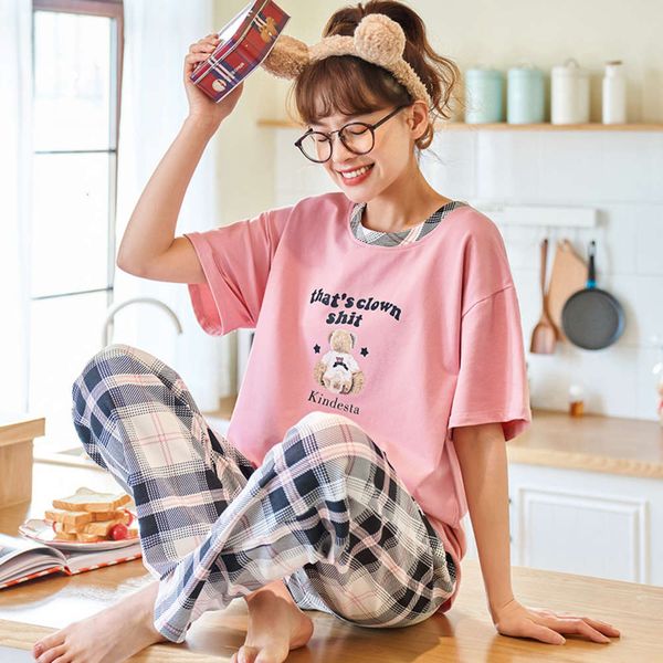 

pajamas women's summer cotton short sleeve capris lovely korean princess style student thin suit spring and autumn household clothes, Black;red