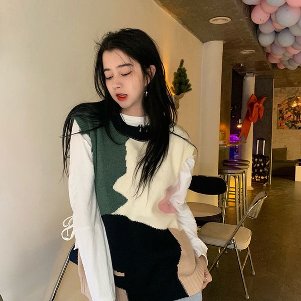 

new 2colors 2021 spring and autumn korean style patchwork knitted sleeveless vest sweaters pullovers womens (483 69s9, White;black