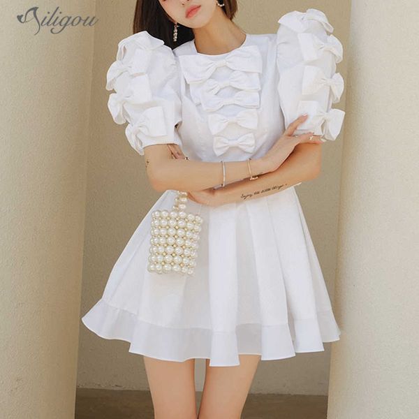 

women's summer round neck mini sweet puff sleeve white fairy dress vestidos vintage holiday a line slim 210527, Black;gray