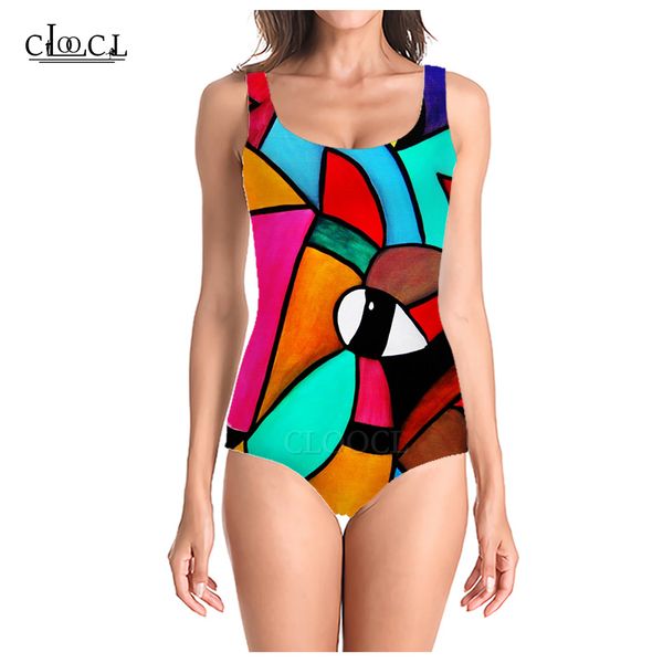 

cloocl 2021 new summer abstract picture 3d print women sleeveless swimsuit casual fashion swimsuits beach one piece swimwear, White;black