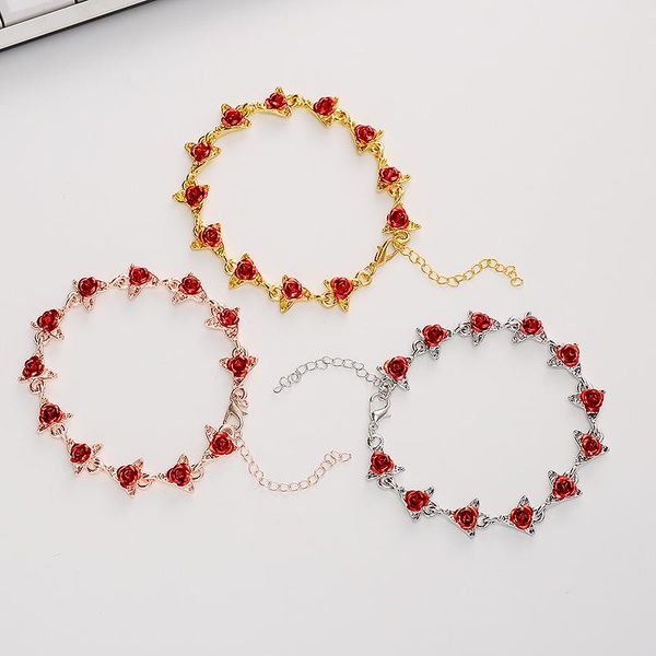 

charm bracelets red rose flowers bracelet femme wrist chain gold color fashion jewelry for women mother's day gifts wholesale, Golden;silver