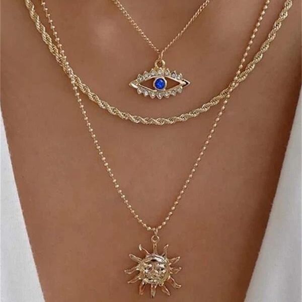 Anhänger Halsketten LXY-W Vintage Mode Gold Multilevel Kristall Auge Sonne Halskette Für Frauen Boho Choker Gott Kette Schmuck Geschenk