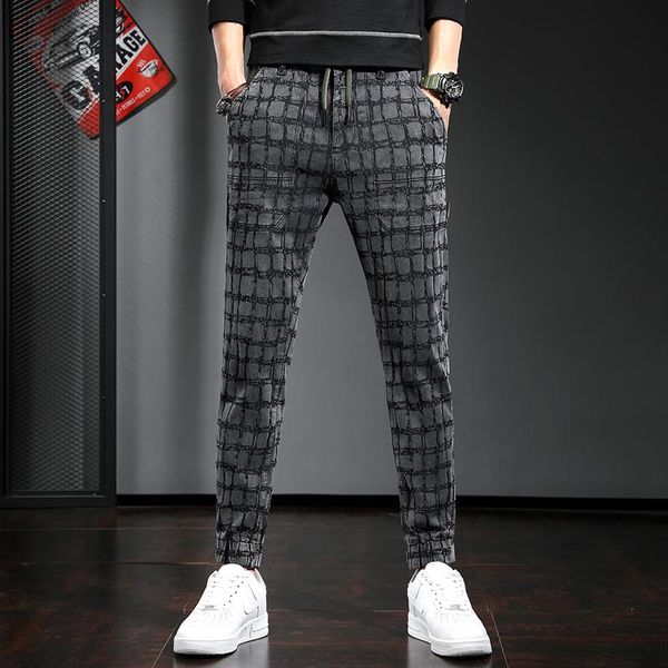

men's pants men fashion plaid trousers casual slim fit pencil, Black