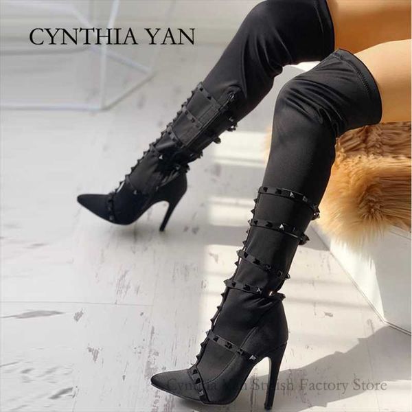 

boots women knee high pointed toe heel ladies shoes party stiletto black red concise stretch cloth for 2021