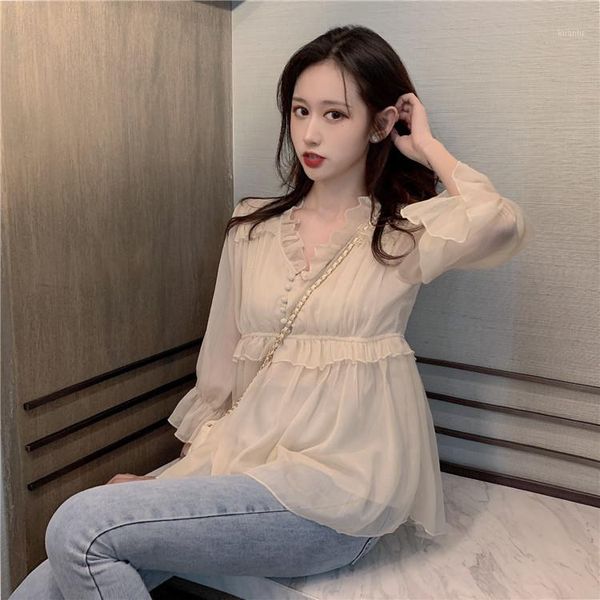 

sweet style spring ruffle v-neck chiffon long sleeve patchwork flare button waist loose women's clothing blouses, White