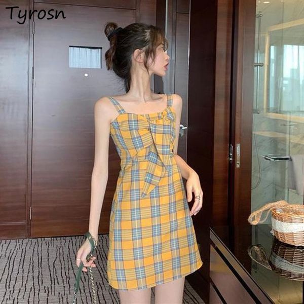

casual dresses women above knee straps plaid bow sweet lovely korean style fashion vintage leisure daily students simple elegant chic, Black;gray