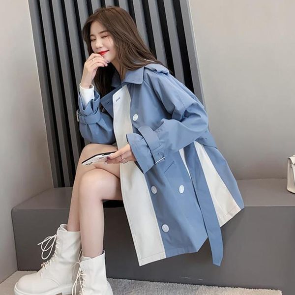 

women's trench coats korean coat loose double breasted sashes colour patchwork windbreaker female tide short outerwear, Tan;black