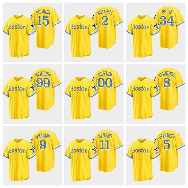

#5 enrique hernandez baseball jersey boston red #11 rafael devers #34 david ortiz 99 alex verdugo 2 xander bogaerts gold city connect sox je, Blue;black