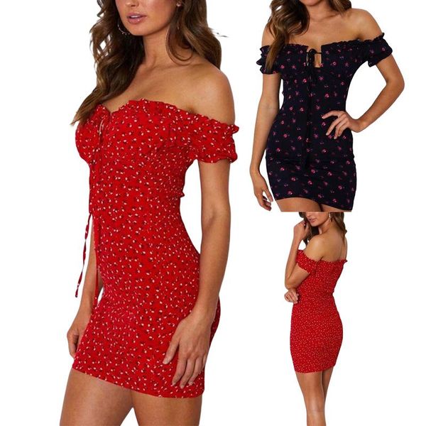 

casual dresses women floral wrap dress off shoulder tie up front ruffle mini summer office lady slash neck printed pencil, Black;gray