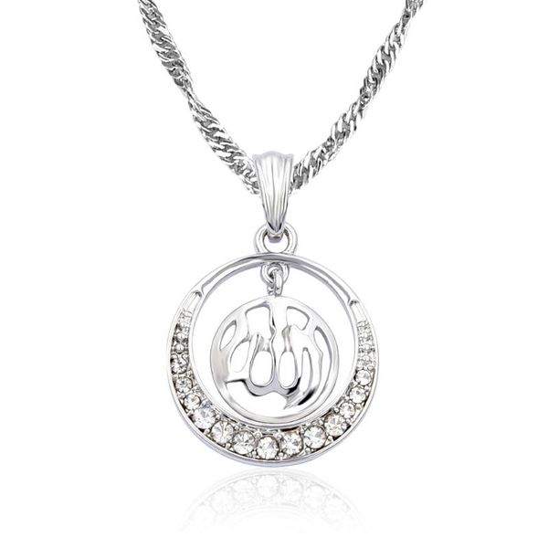 

pendant necklaces white gold-color arabic islamic muslim round circle rhinestone necklace jewelry ramadan gift, Silver
