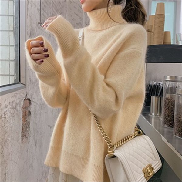 

3 colour mohair thicken high autumn turtleneck sweater sweet winter fashion long soft casual sleeve solid pullovers mesh femme hnzj, White;black