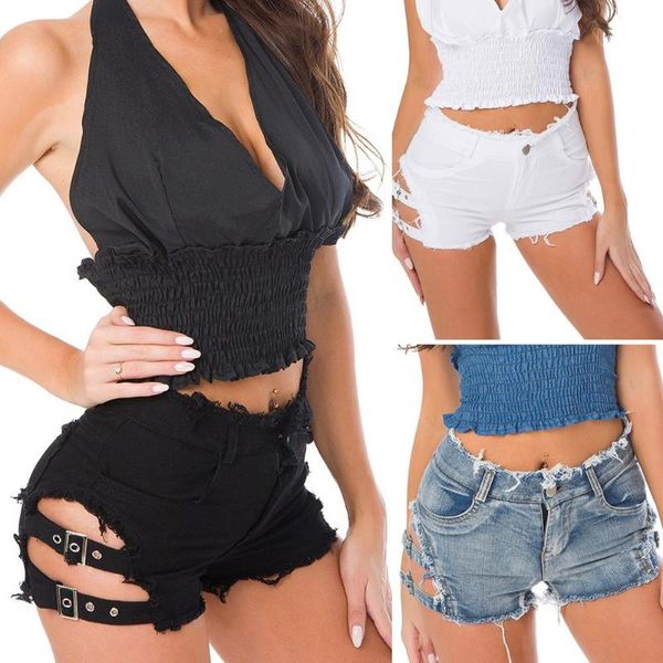 

women's shorts summer women ripped denim hollow out bandage punk rock high waist worn-out hole jeans black, White;black