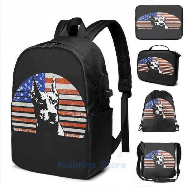 

backpack graphic print doberman vintage dog on american flag- dad and mom gift usb charge men school travel lapbag