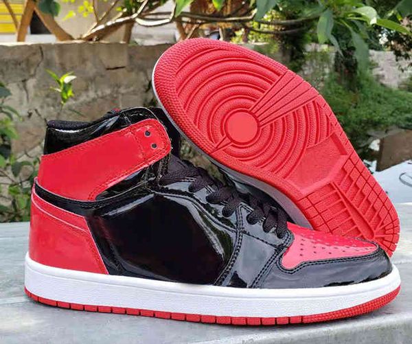 

1 shoes og bred patent men basketball 1s black white-varsity red sneakers 555088-063