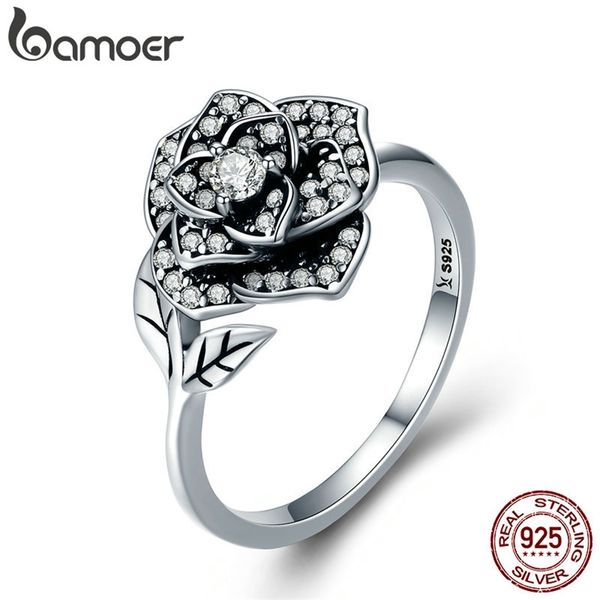 100% 925 Sterling Silver Rose Flower CZ Tree Leaf Anelli di barretta per le donne Wedding Engagement Jewelry Gift SCR382 211217