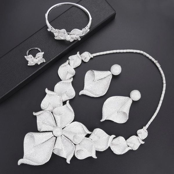 

earrings & necklace 4 pcs fashion big wedding jewelry sets cubic zirconia dubai bride set bangle ring for women, Silver