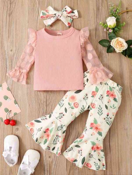 

baby dobby mesh panel ruffle trim flounce sleeve & floral print flare leg pants with headband she, White