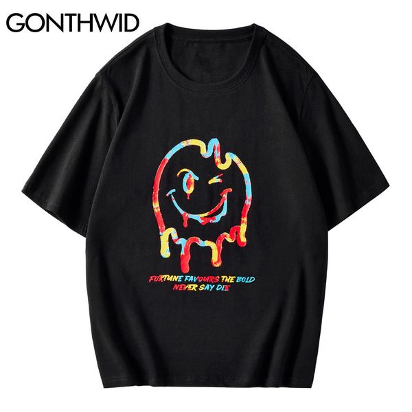 

gonthwid tees shirts hip hop casual men graffiti color smile face print short sleeve cotton t-shirts streetwear harajuku c0315, White;black