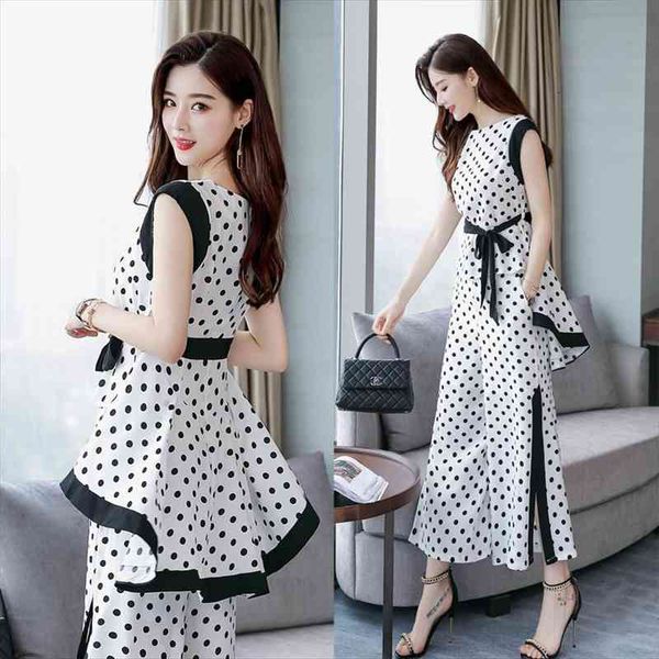 

summer womens fashion wave point printed sleeveless chiffon shirt slit wide leg pants suits female 2 piece outfits sets, Gray