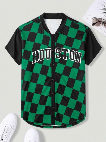 

men letter & checker print baseball collar shirt b0qr#, White;black