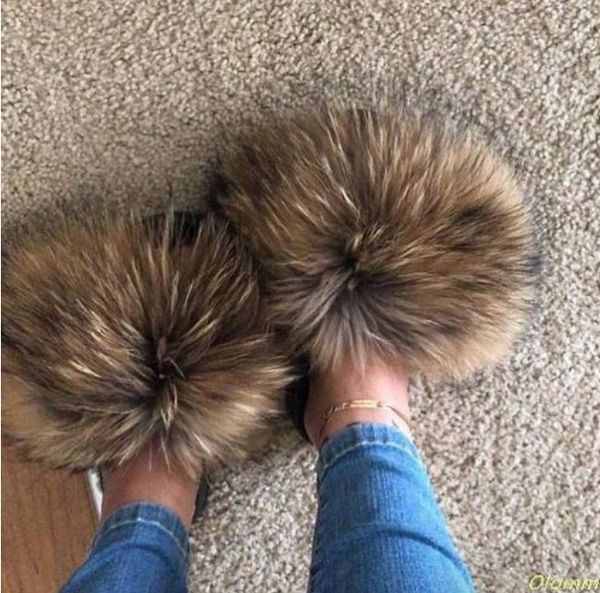 Real Raccoon Sandálias De Pele Mulheres Sliders Casual Fox Hair Flat Fluffy Home Verão Tamanho Grande 45 Peludo Flip Flops Sapatos Atacado 0227