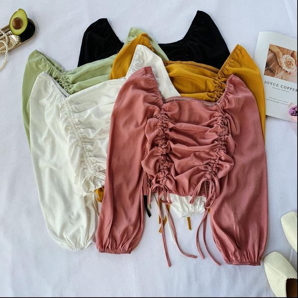 

mumuzi 2021 summer design drawstring ruched shirt short design square collar shirt women long sleeve blouse female, White