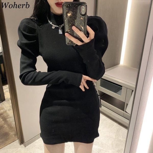 Woherb Sexy Slim Bodycon платье для женщин половина водолазки вязаный черный мини женщина платья шикарные элегантный халат слоеный рукав Vestidos 210316