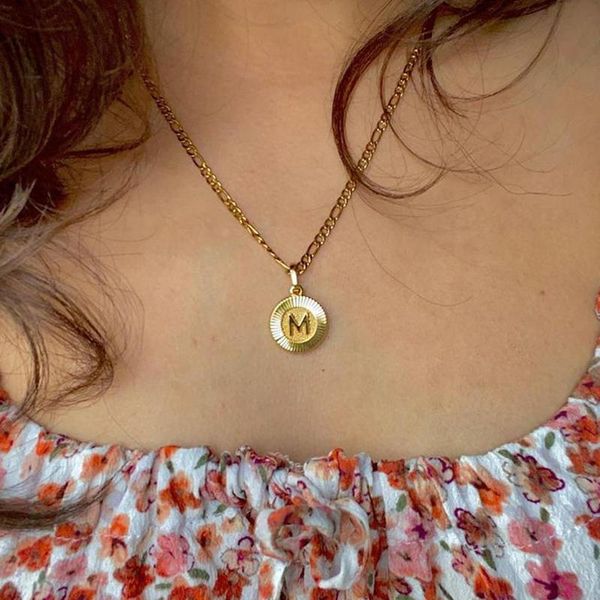 

pendant necklaces initial name necklace for women men couple gold adjustable figaro chain coin letter alphabet classic collar, Silver